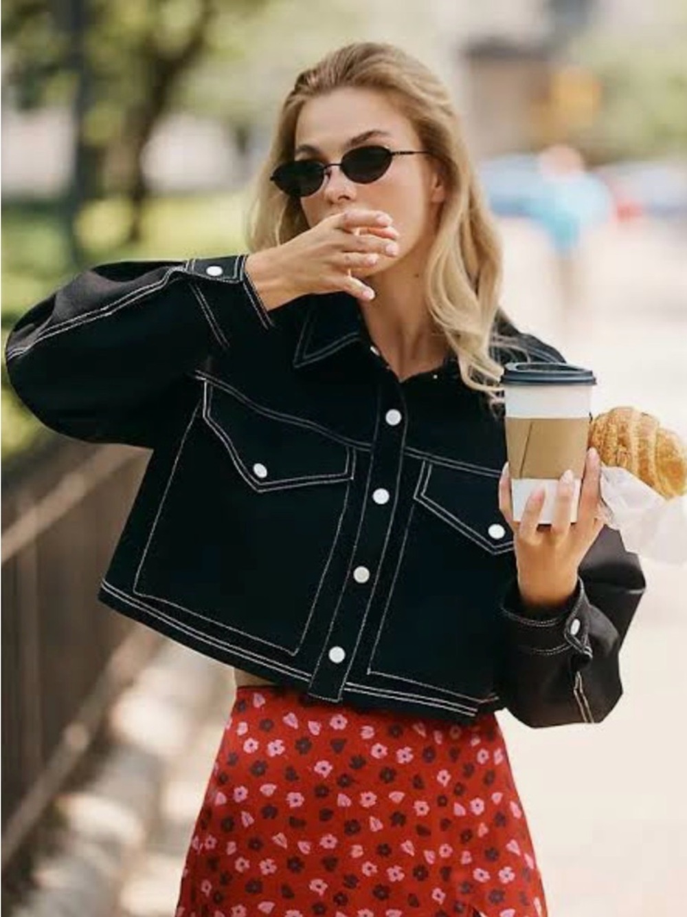 Anthropologie Black Cropped Jean Jacket with White Contrast Stitching